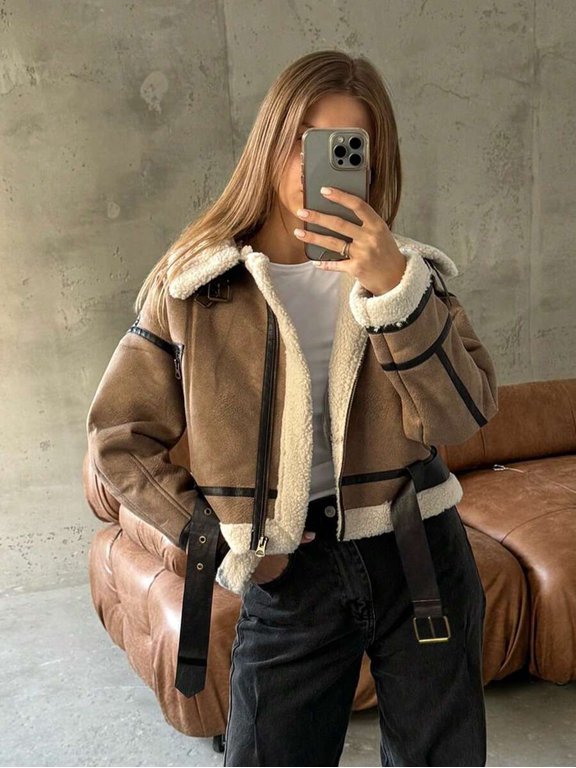 Womens Khaki Faux Suede Shearling Lined Aviator Jacket With Belt