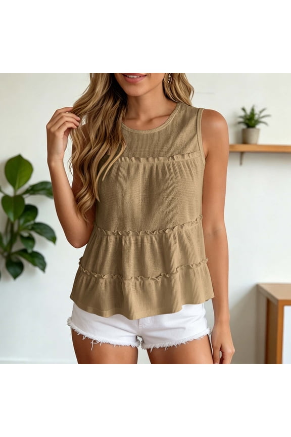 Womens Khaki Flowy Tiered Ruffle Sleeveless Top Casual A Line Tank Blouse S-XXL,Size 2XL