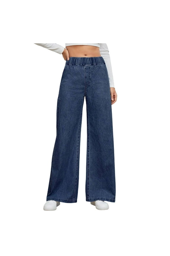 Womens Khaki Pants Wide Leg Jeans for Women High Waisted Stretchy Denim Pants with Pockets Fashion Elastic Waist Pull-On Long Trousers Women's Plus