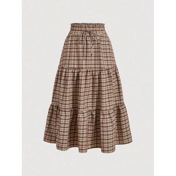 Womens Khaki Plaid Tiered Ruffle A-Line Skirt With Drawstring Waist
