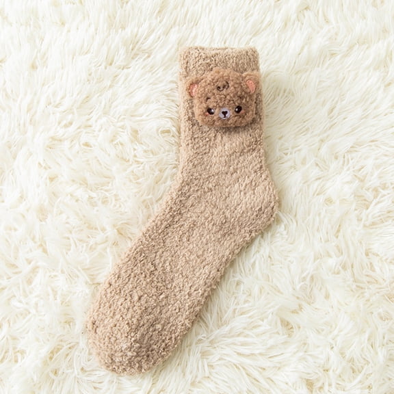 Womens Khaki Plush Socks with 3D Bear, Cute Animal Fuzzy Socks Cozy Non-Slip Winter Lounge Gift,Size Free Size