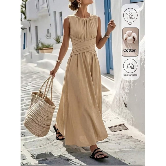 Womens Khaki Sleeveless Maxi Dress, Casual Summer Vocation Criss-Cross