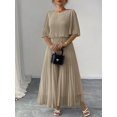 thumbnail image 1 of Womens Khaki Solid Color Round Neck Batwing Sleeve Chiffon Pleated Maxi Dress, 1 of 5
