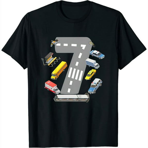Womens Kids 7 Year Old Transportation Birthday Car Train Bus 7Th T-Shirt White 3X-Large