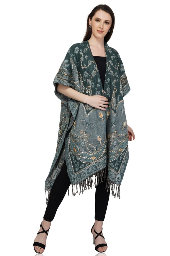 Womens Kimono Vintage Paisley Print Warm Shawl Wrap Open Front Poncho Cape Hand Embroidered