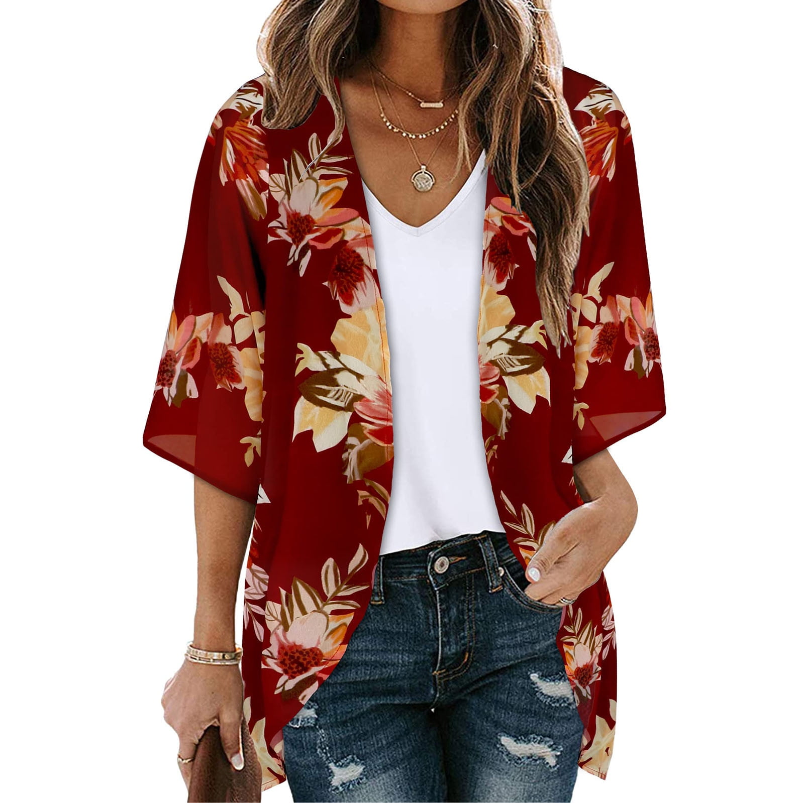Finoceans Women's Floral Kimono Cardigan - Sheer Chiffon Wrap, 3/4 Sleeve, Lightweight Cover-Up For Summer & Beach - View #2