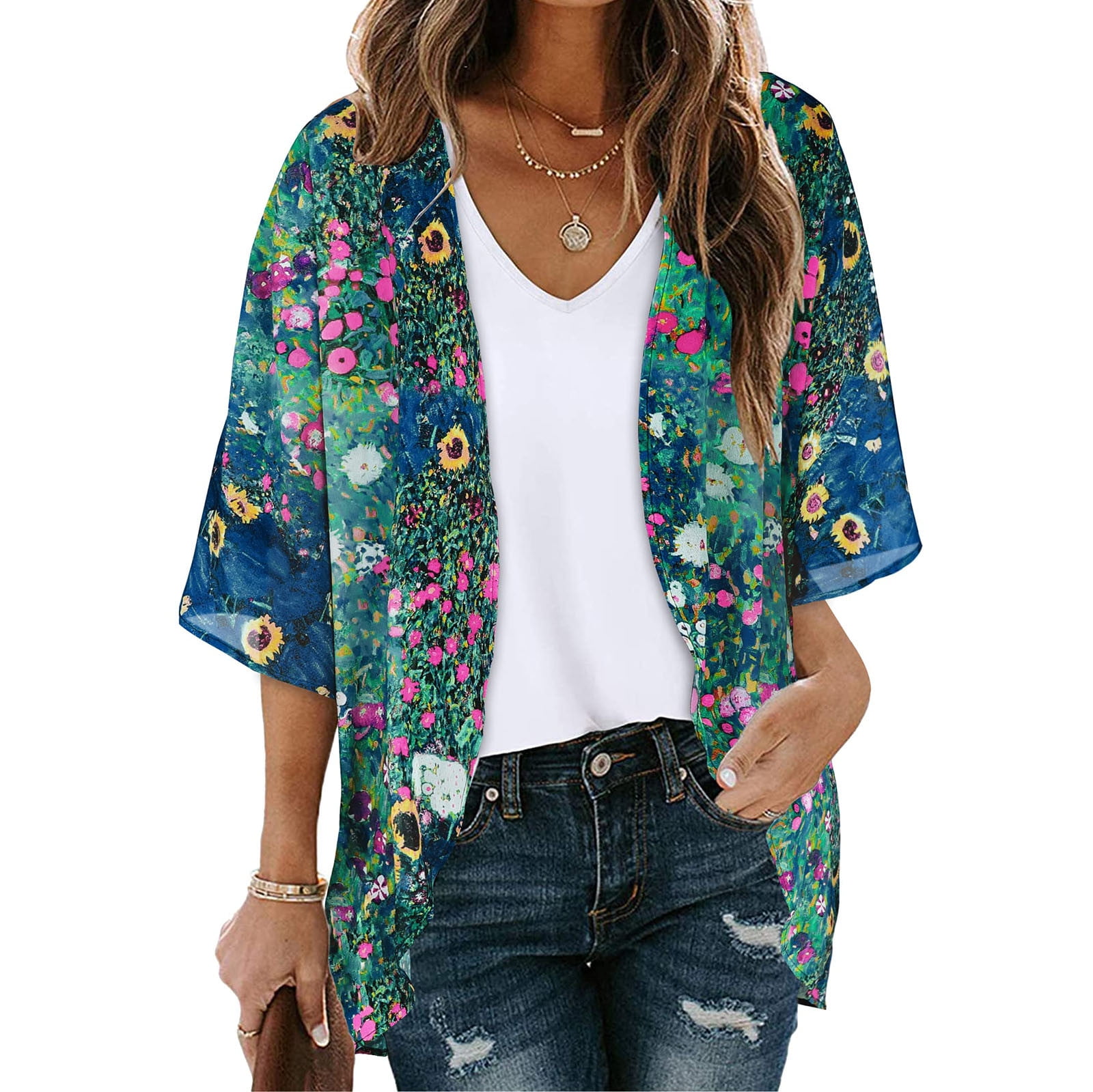 Finoceans Women's Floral Kimono Cardigan - Sheer Chiffon Wrap, 3/4 Sleeve, Lightweight Cover-Up For Summer & Beach
