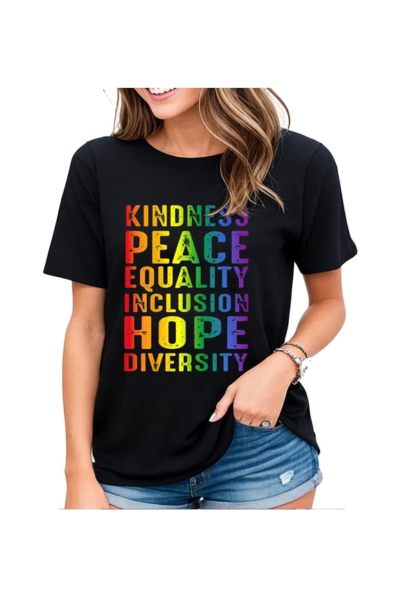 Womens Kindness Peace Equality Inclusion Hope Diversity T-Shirt Funny Letters Casual Short Sleeve Tops Black Small