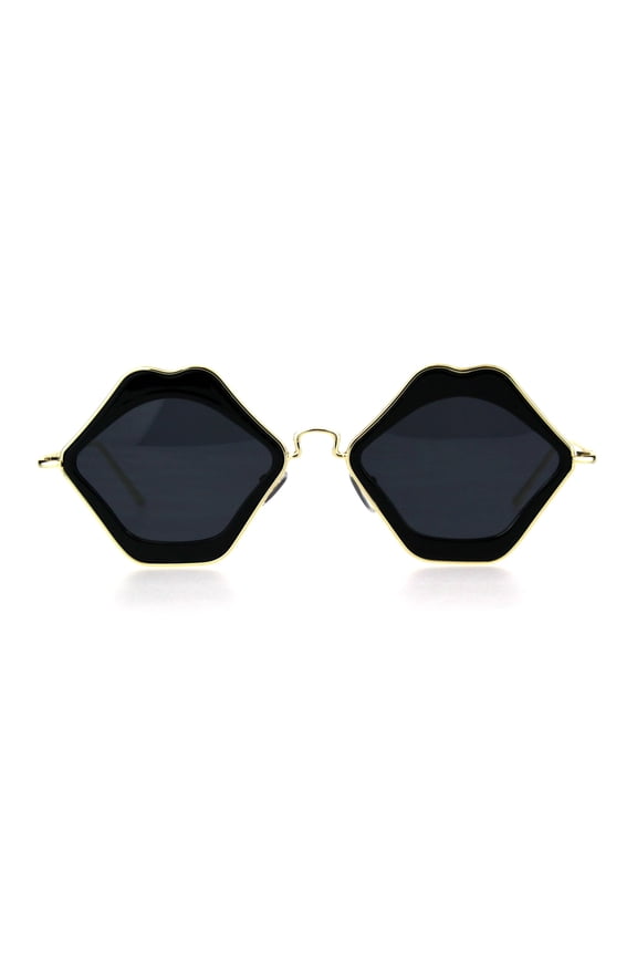 Womens Kissing Lip Hippie Retro Double Rim Sunglasses All Black