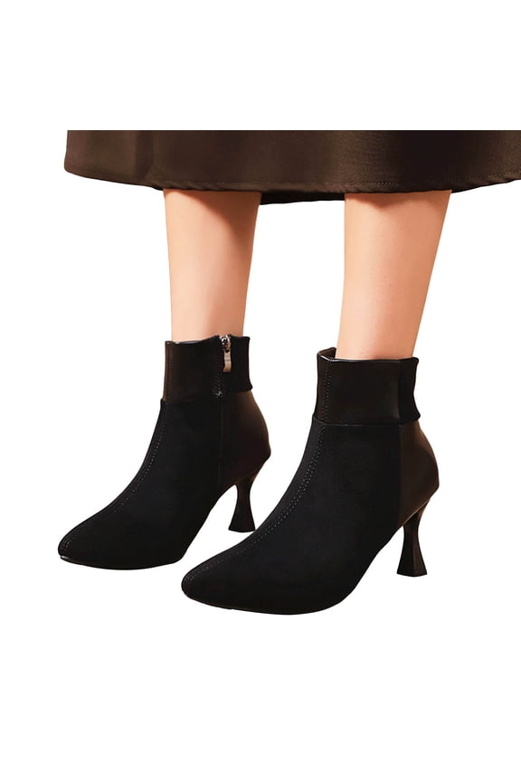 Womens Kitten Heel Ankle Boots Fashion Suede Splicing Pointed Toe Mid Calf Booties Casual Winter Fall Dress Shoes Black Size 5.5