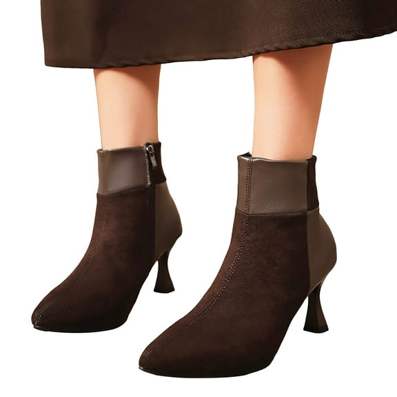Womens Kitten Heel Ankle Boots Fashion Suede Splicing Pointed Toe Mid Calf Booties Casual Winter Fall Dress Shoes Brown Size 5.5
