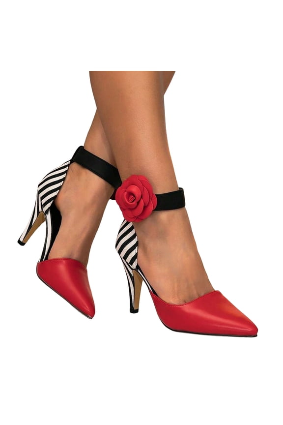 Womens Kitten Heels Dressy Shoes Comfortable Closed Toe Flower Slip On Pointed Toe Party Dance Heeled Sandals Pumps Red Size 6