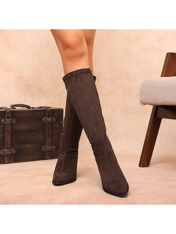Womens Knee High Boots Closed Pointed Toe Chunky Heel Tall Boots Side Zipper Fall Dress Boot Shoes Brown 6(37)