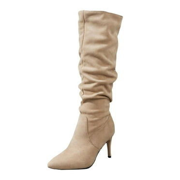 Womens Knee High Boots Faux Suede Almond Toe Stiletto High Heel Slouchy Side Zipper Booties