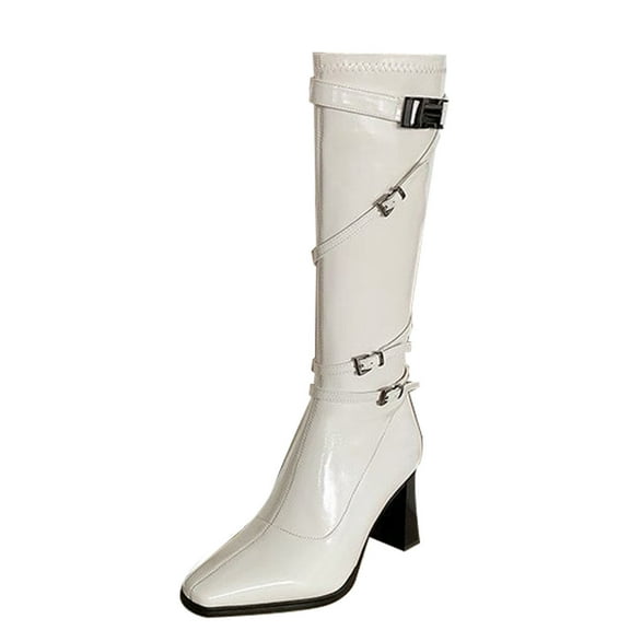 Womens Knee High Boots Ladies Solid Bright Leather Back Zip Block Heel High Heel Mid Boots High Heel Square Toe Comfortable Shiny Leather Boots