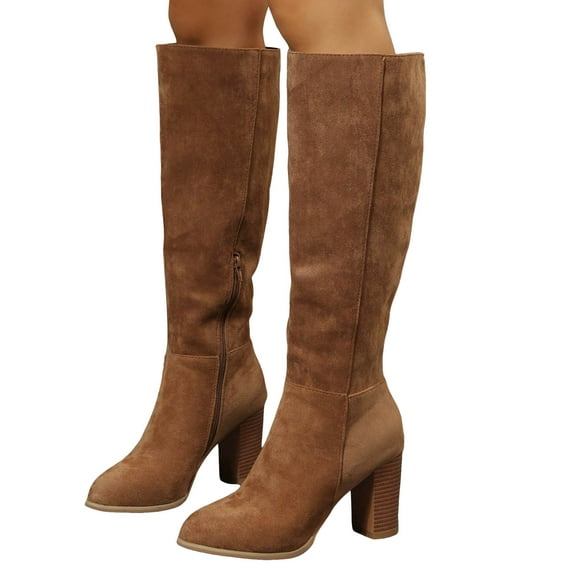 Womens Knee High Boots Pointed Toe Suede Wide Calf Riding Booties Chunky Heel Tall Fall Dress Shoes