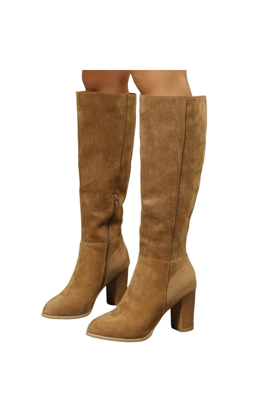 Womens Knee High Boots Pointed Toe Suede Wide Calf Riding Booties Chunky Heel Tall Fall Dress Shoes