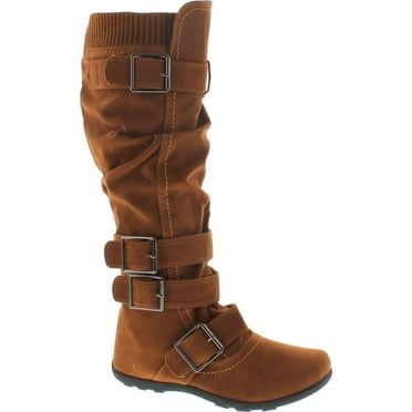 Womens Knee High Boots Ruched Buckles Knitted Calf