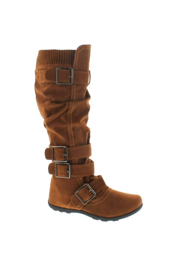 Womens Knee High Boots Ruched Buckles Knitted Calf