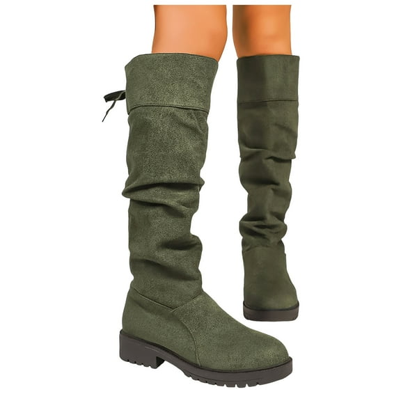 Womens Knee High Boots Slouchy Suede Lace up Tall Riding Boots Lug Sole Chunky Heel Round Toe Over the Knee Boots