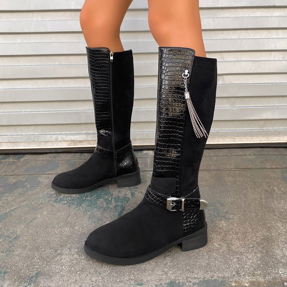 Womens Knee‑High Boots Solid Color Boots Round Toe Side Zipper Low Thick Heel Winter Knee‑Length Boots with Belt Buckle for Daily Indoor Outdoor Casual Wear