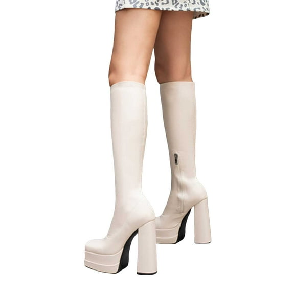 Womens Knee High Boots Square Toe Platform Chunky Extra Block High Heels Side Zipper Pull on Dress Tall Boots