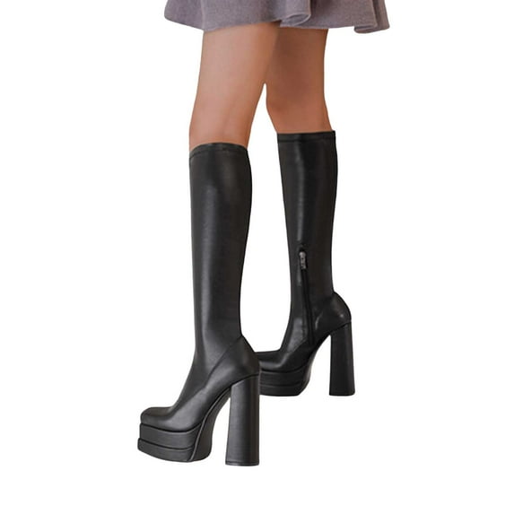 Womens Knee High Boots Square Toe Platform Chunky Extra Block High Heels Side Zipper Pull on Dress Tall Boots
