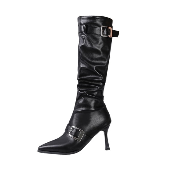 Womens Knee High Boots Stiletto Heels Pointed Toe Metal Buckle Winter Boots (Black 36)