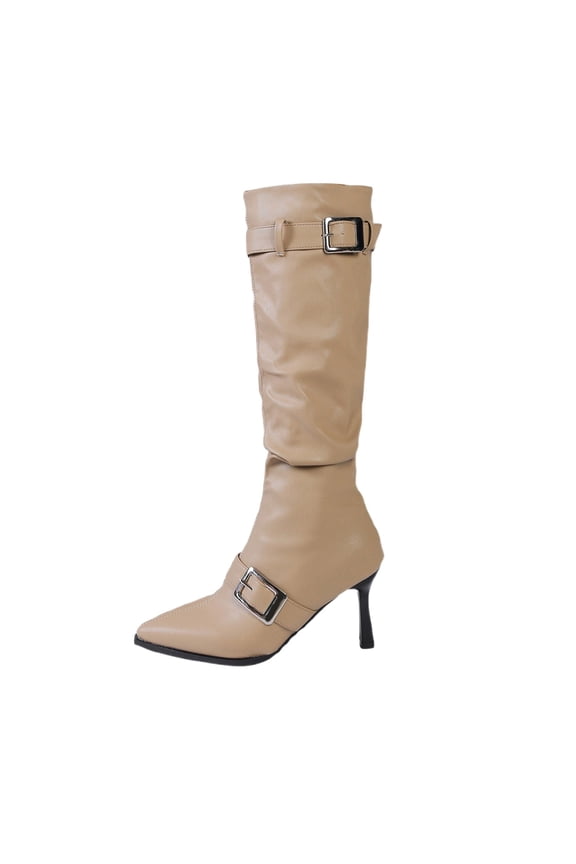 Womens Knee High Boots Stiletto Heels Pointed Toe Metal Buckle Winter Boots (Khaki 36)