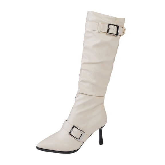 Womens Knee High Boots Stiletto Heels Pointed Toe Metal Buckle Winter Boots (White 35)