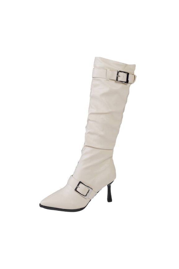 Womens Knee High Boots Stiletto Heels Pointed Toe Metal Buckle Winter Boots (White 36)