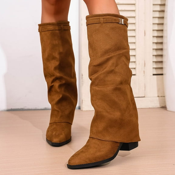 Womens Knee High Boots Wide Calf Chunky High Heel Boots Fashion Fold Over Boot (Brown 42)
