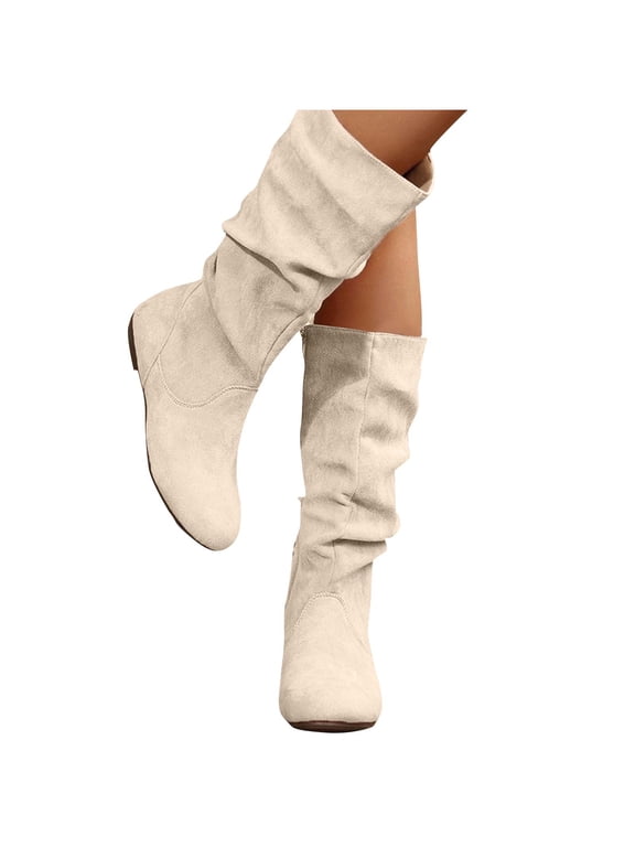 Womens Knee High Boots Wide Calf Pull On Comfortable Fashion Long Shoes Round Toe Side Zipper Slouchy Flat Boots (6, Beige)