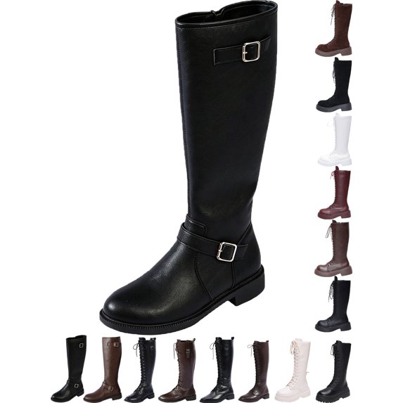 Womens Knee High Boots Women's Round Toe Low Heel Side Zipper Boots Casual Leather Comfortable Casual Solid Color Knee High Boots