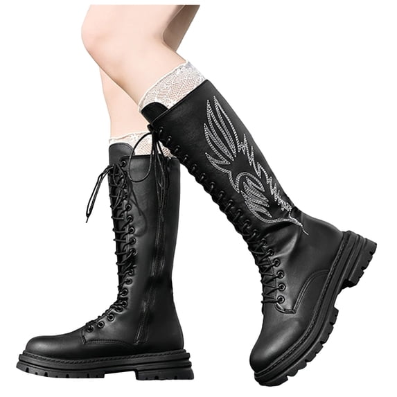 Womens Knee High Combat Boots Chunky Platform Lace Up Non Slip Embroidery Knee Length Motocycle Boots