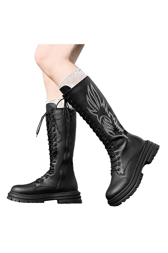Womens Knee High Combat Boots Chunky Platform Lace Up Non Slip Embroidery Knee Length Motocycle Boots