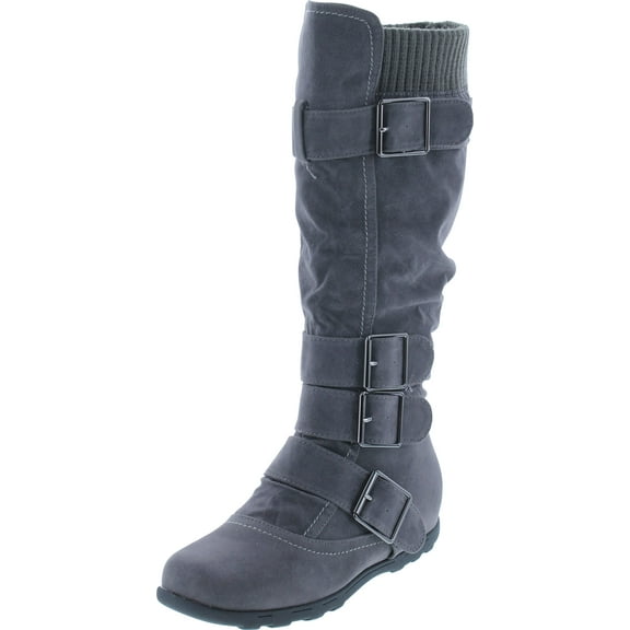 Womens Knee High Faux Suede Flat Winter Buckle Boots Gray Military Shoes