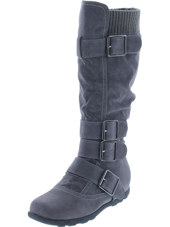 Womens Knee High Faux Suede Flat Winter Buckle Boots Gray Military Shoes