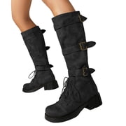 Womens Knee High Platform Combat Boots Vintage Buckle Leather Chunky Heeled Knee Length Tall Riding Boots