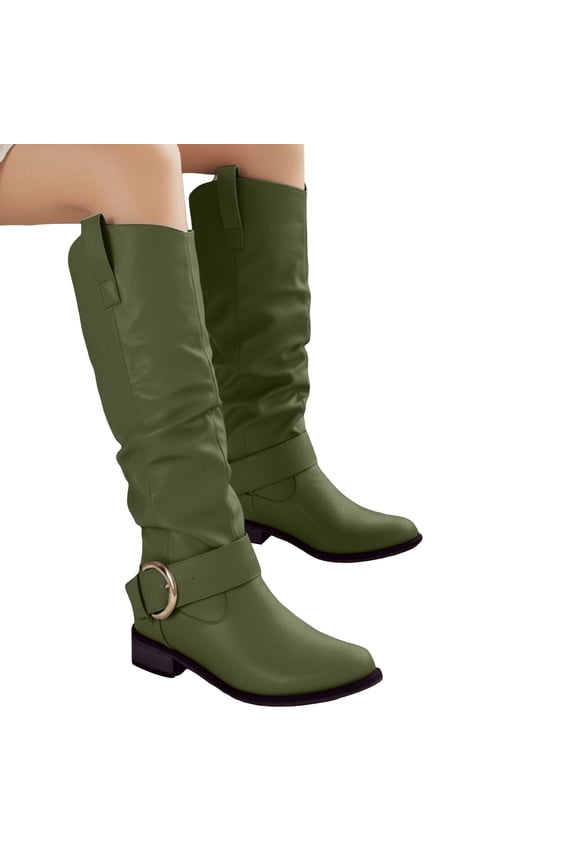 Womens Knee High Riding Boots Wide Calf Slouchy PU Leather Buckle Strap Pull on Pointed Toe Low Heel FAll Winter Tall Booties