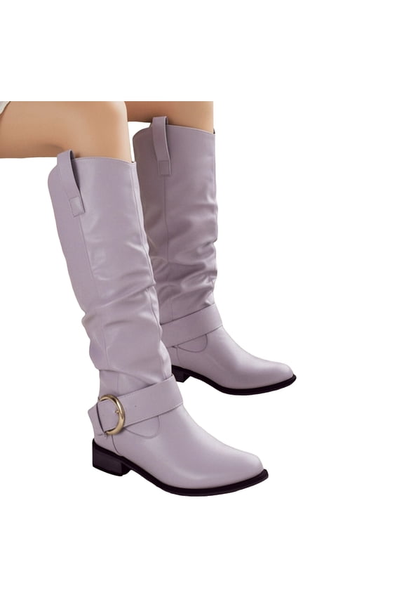 Womens Knee High Riding Boots Wide Calf Slouchy PU Leather Buckle Strap Pull on Pointed Toe Low Heel FAll Winter Tall Booties