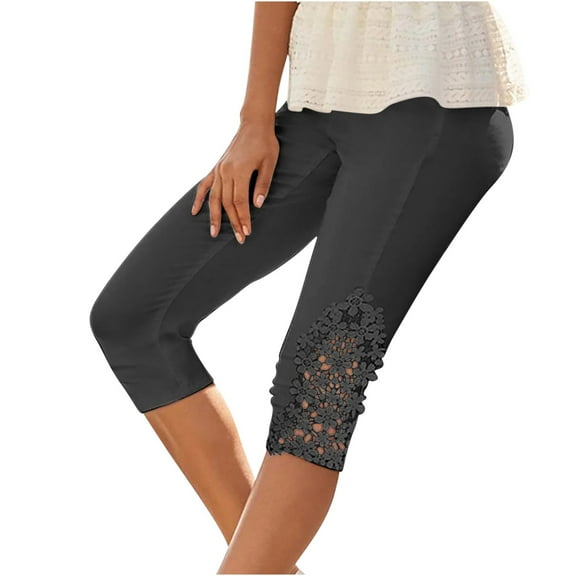 Womens Knee Length Capri Leggings Trendy Floral Lace High Waist Cropped Pants Skinny Cropped Workout Yoga Pant