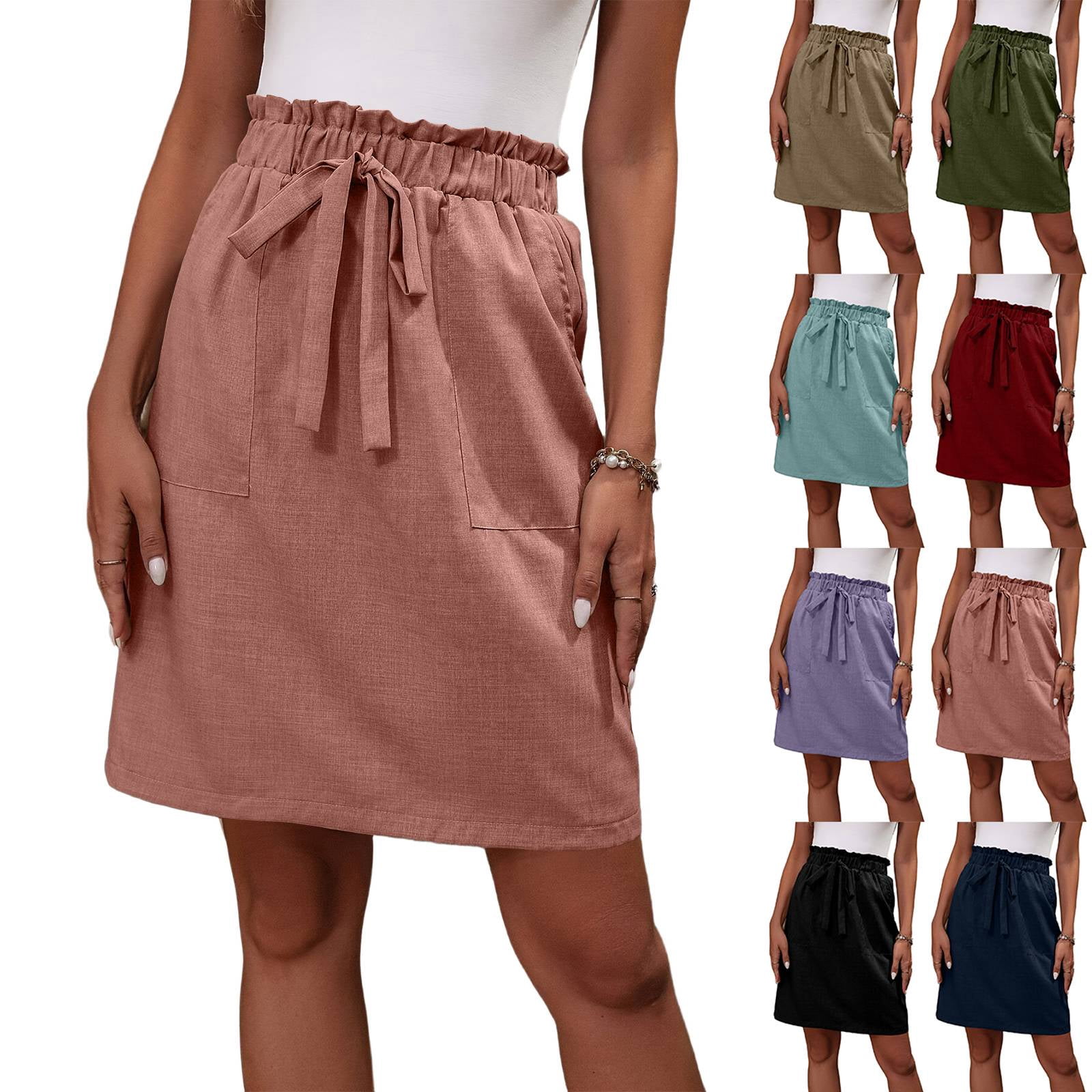 Womens Knee Length Skirt - Cotton French Terry Drawstring Tie High
