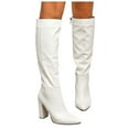 thumbnail image 1 of Womens Knee Length Tall Boots Leather Pointed Toe Chunky Block High Heels Mid Calf Dress Boots White, 1 of 9