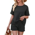 thumbnail image 1 of Womens Knit 2 Piece Sets Raw Edge Rolled Short Sleeve Tops and Shorts Loungewear Set Travel Outfits, 1 of 8
