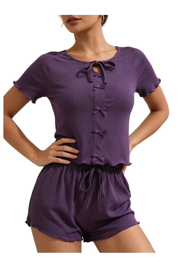 Womens Knit 2 Piece Short Sets Short Sleeve Summer Matching Lounge Outfits L