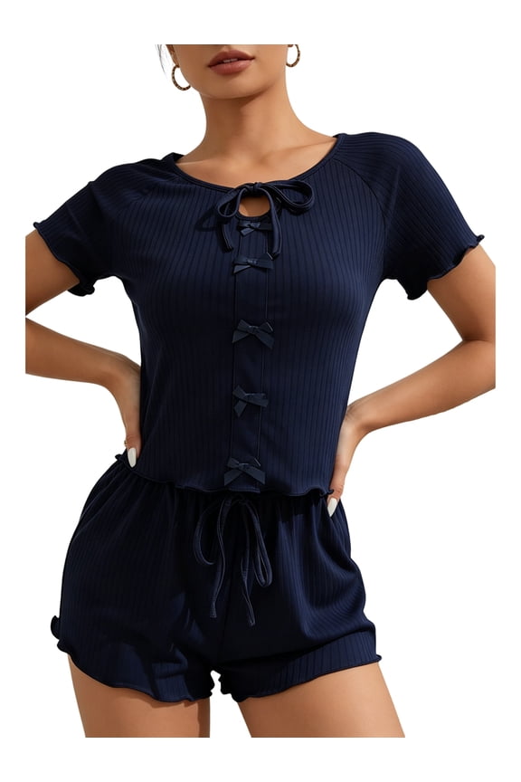 Womens Knit 2 Piece Short Sets Short Sleeve Summer Matching Lounge Outfits Navy Blue M