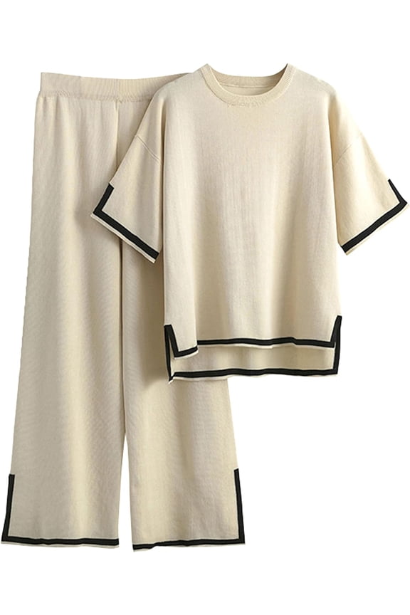 Womens Knit 2 Piece Sweater Sets Short Sleeve Pullover Tops Elastic Waist Wide Leg Pants Lounge Set