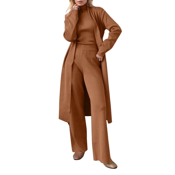 Womens Knit 3 Piece Sets Long Cardigan Neck Sweaters Wide Leg Pants Coordinated Outfit Fall Winter Business Casual Travel Outfits