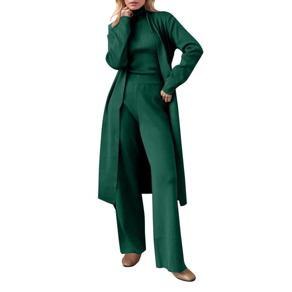 Womens Knit 3 Piece Sets Long Cardigan Neck Sweaters Wide Leg Pants Coordinated Outfit Fall Winter Business Casual Travel Outfits
